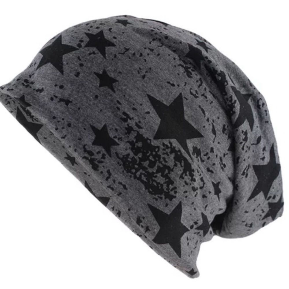 NEW Beanie Cap Dark Gray Graphic Black Stars Slouchy Skull Caps Headwear